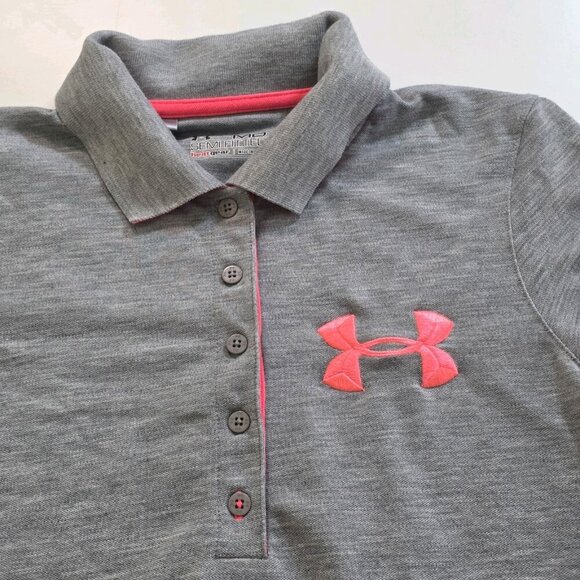 Under Armour Polo Women M Gray Pink Accents Heat Gear SS Semi Fitted Golf Active - Picture 9 of 13